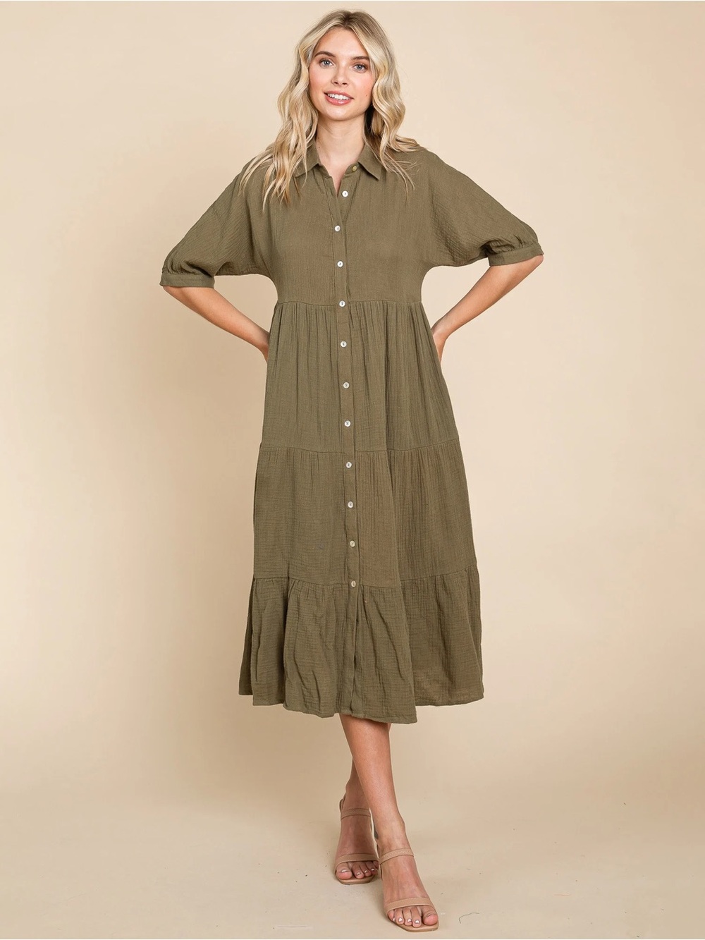 Pink Diamond 100% Cotton Olive Button-Front Midi Shirt Dress